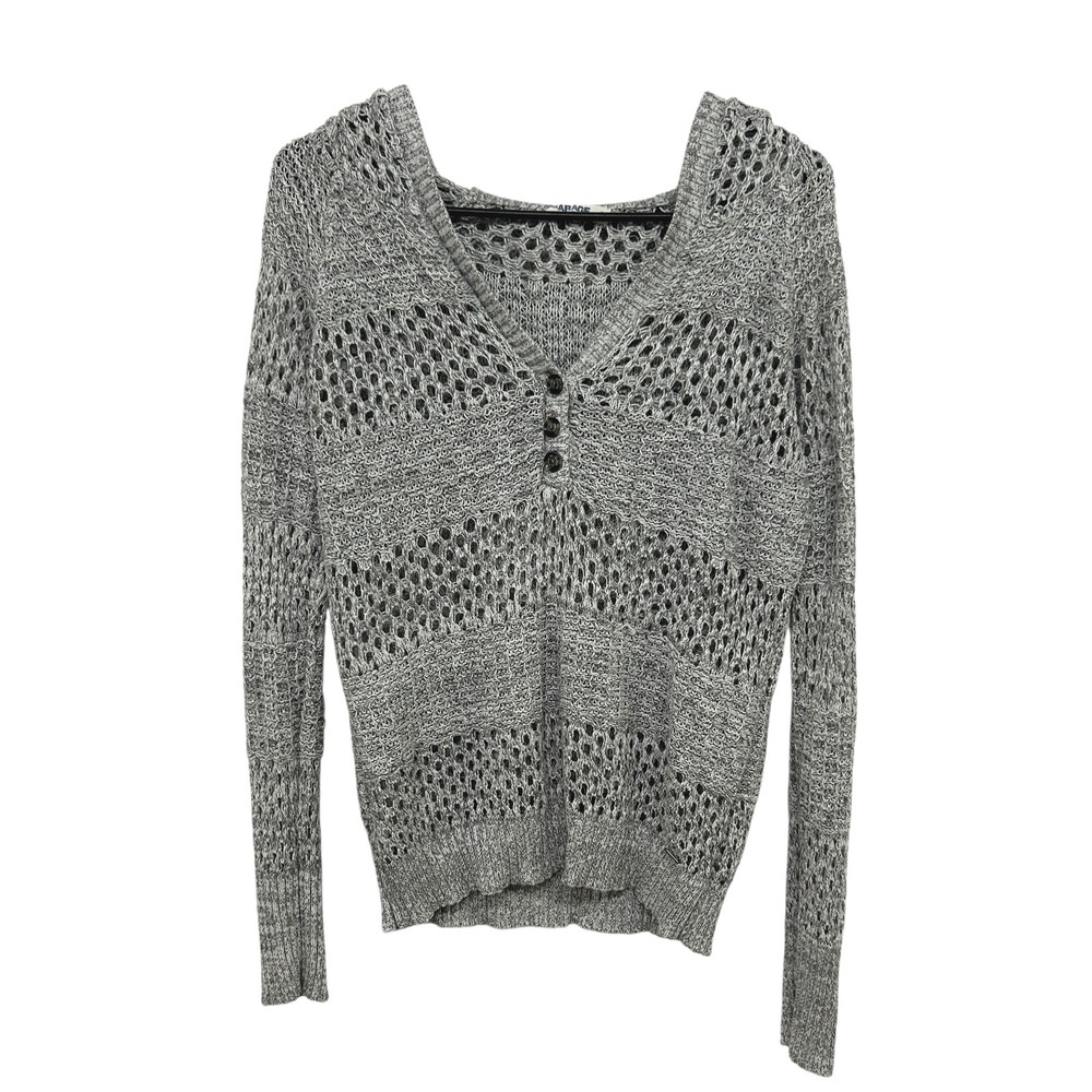 Y2K Open Knit Hoodie Sweater L Gray Boho‎ Coastal Beach Sheer Layering Indie
